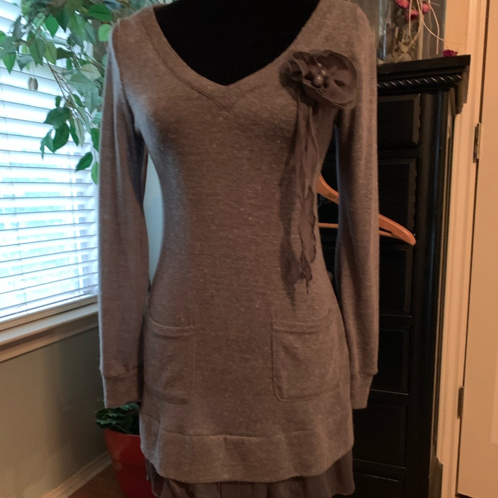 Blue Bird sweater with pretty pearl floral accent